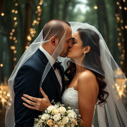 An enchanting wedding scene capturing an Italian woman with long dark wavy hair and striking blue eyes, elegantly attired in a lovely wedding gown
