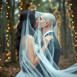 An enchanting wedding scene capturing an Italian woman with long dark wavy hair and striking blue eyes, elegantly attired in a lovely wedding gown