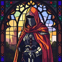 A pixel art depiction of a hooded knight, created in a stained glass style