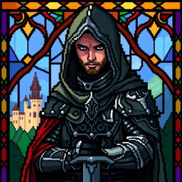 A pixel art depiction of a hooded knight, created in a stained glass style