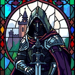 A pixel art depiction of a hooded knight, created in a stained glass style