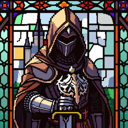A pixel art depiction of a hooded knight, created in a stained glass style