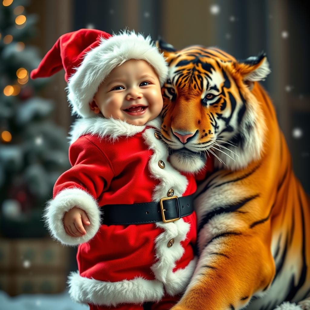 A baby dressed in a classic Santa Claus outfit, complete with a red suit, white fur trim, and a tiny black belt, is joyfully hugging a real tiger