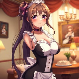 A hot, sensual, flustered anime girl with large breasts and a tiny waist, wearing a very tight, form-fitting maid outfit