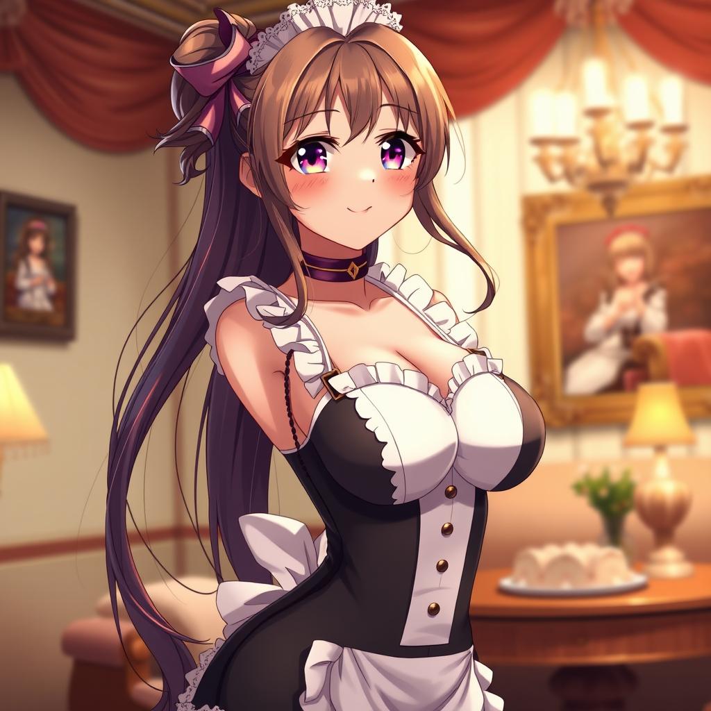 A hot, sensual, flustered anime girl with large breasts and a tiny waist, wearing a very tight, form-fitting maid outfit