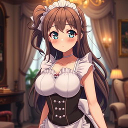 A hot, sensual, flustered anime girl with large breasts and a tiny waist, wearing a very tight, form-fitting maid outfit