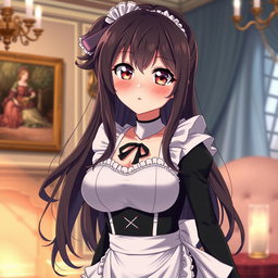 A hot, sensual, flustered anime girl with large breasts and a tiny waist, wearing a very tight, form-fitting maid outfit