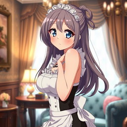 A hot, sensual, flustered anime girl with large breasts and a tiny waist, wearing a very tight, form-fitting maid outfit