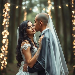 A beautiful wedding scene featuring an Italian woman with long dark wavy hair and mesmerizing blue eyes, adorned in a gorgeous wedding dress
