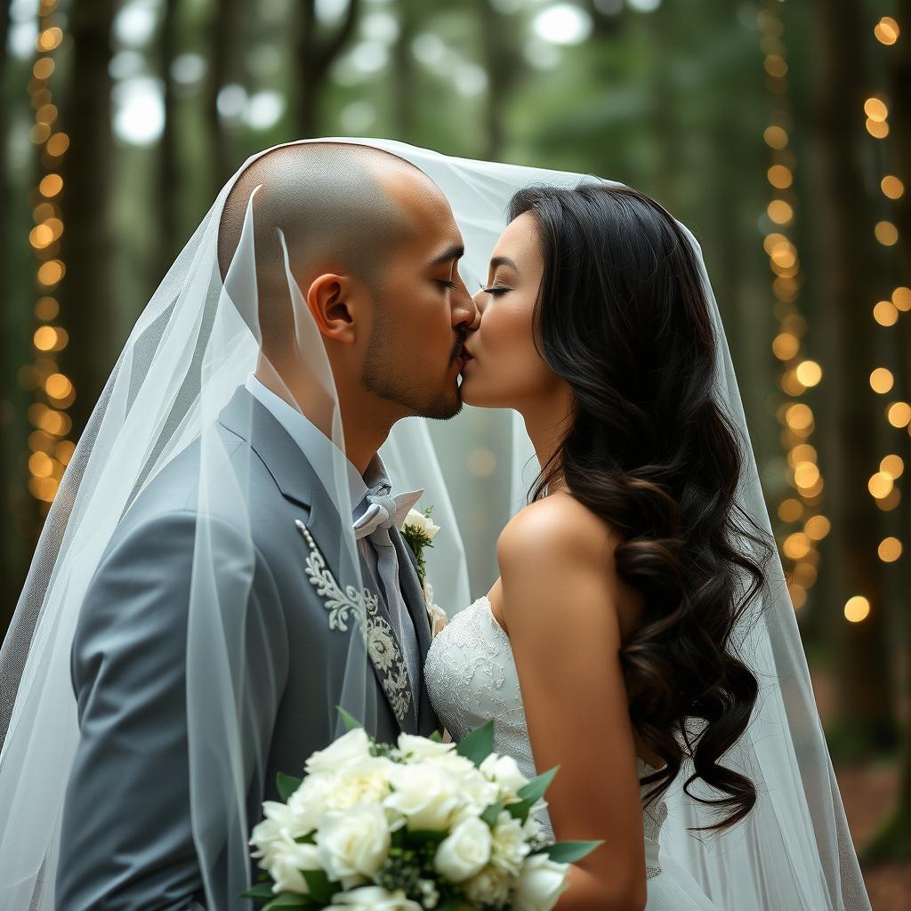 A beautiful wedding scene featuring an Italian woman with long dark wavy hair and mesmerizing blue eyes, adorned in a gorgeous wedding dress