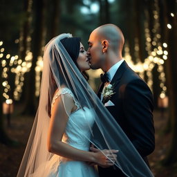A beautiful wedding scene featuring an Italian woman with long dark wavy hair and mesmerizing blue eyes, adorned in a gorgeous wedding dress