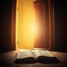 A visually striking image of an open door that radiates a warm, inviting light, creating a sense of mystery and intrigue