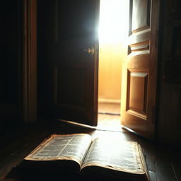 A visually striking image of an open door that radiates a warm, inviting light, creating a sense of mystery and intrigue