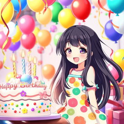 A cheerful birthday celebration scene featuring a girl in an anime style