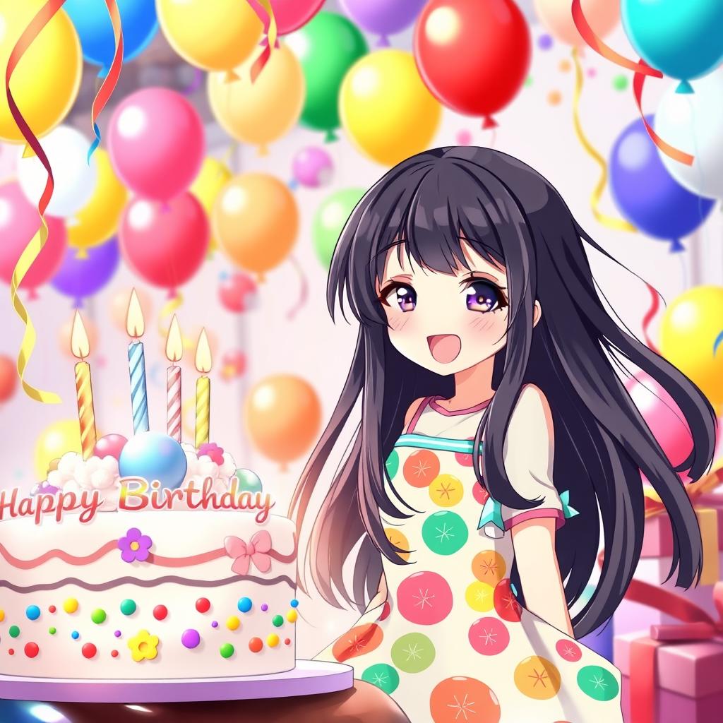 A cheerful birthday celebration scene featuring a girl in an anime style