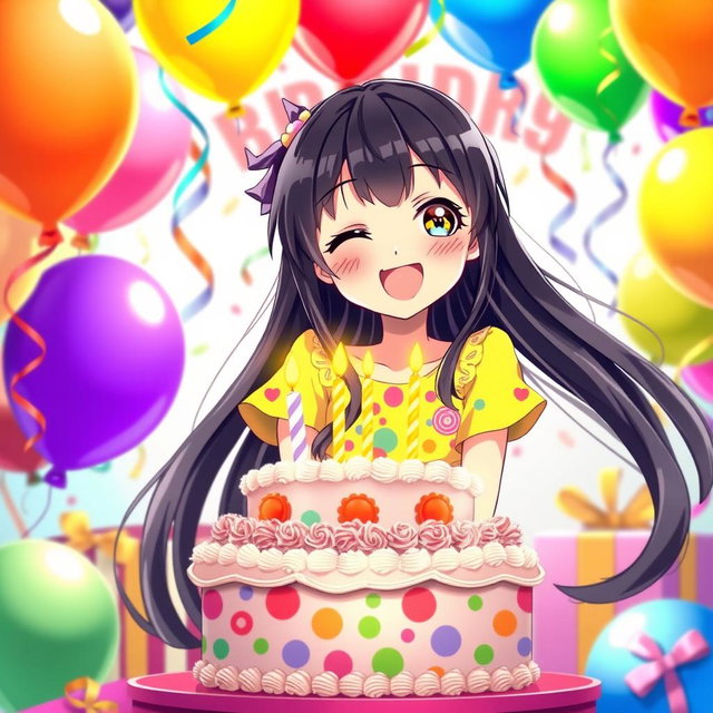 A cheerful birthday celebration scene featuring a girl in an anime style