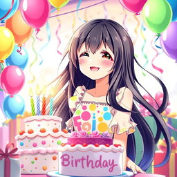 A cheerful birthday celebration scene featuring a girl in an anime style