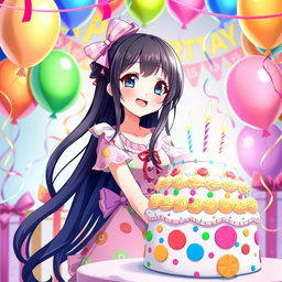 A cheerful birthday celebration scene featuring a girl in an anime style