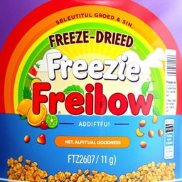 A vibrant and colorful label design for freeze-dried products, featuring a beautiful rainbow as a backdrop