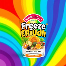 A vibrant and colorful label design for freeze-dried products, featuring a beautiful rainbow as a backdrop