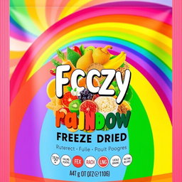A vibrant and colorful label design for freeze-dried products, featuring a beautiful rainbow as a backdrop