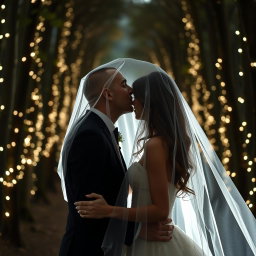 An Italian woman with dark, long wavy hair and striking blue eyes, in a beautiful wedding dress, is kissing a British man who has a shaved head, under a romantic veil