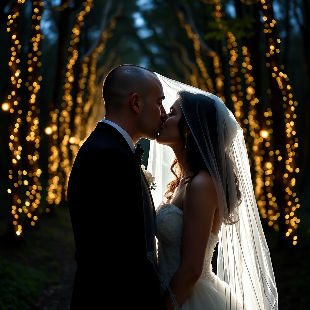 An Italian woman with dark, long wavy hair and striking blue eyes, in a beautiful wedding dress, is kissing a British man who has a shaved head, under a romantic veil