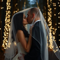 An Italian woman with dark, long wavy hair and striking blue eyes, in a beautiful wedding dress, is kissing a British man who has a shaved head, under a romantic veil