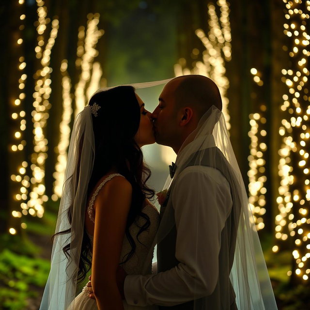 An Italian woman with dark, long wavy hair and striking blue eyes, in a beautiful wedding dress, is kissing a British man who has a shaved head, under a romantic veil