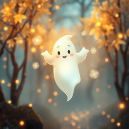 A whimsical, friendly ghost floating in a softly lit, enchanting forest