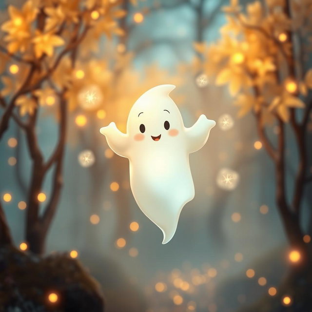 A whimsical, friendly ghost floating in a softly lit, enchanting forest