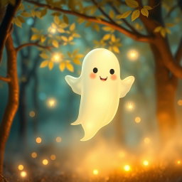 A whimsical, friendly ghost floating in a softly lit, enchanting forest