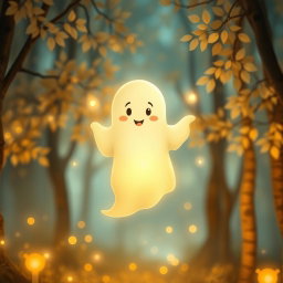 A whimsical, friendly ghost floating in a softly lit, enchanting forest