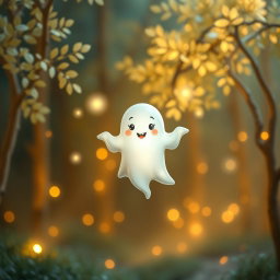 A whimsical, friendly ghost floating in a softly lit, enchanting forest