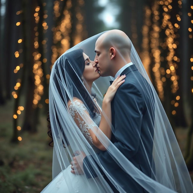 An Italian woman with dark, long wavy hair and captivating blue eyes, dressed in an elegant wedding gown, is kissing a British man with a shaved head, both enveloped in a romantic veil