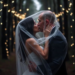 An Italian woman with dark, long wavy hair and captivating blue eyes, dressed in an elegant wedding gown, is kissing a British man with a shaved head, both enveloped in a romantic veil