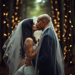 An Italian woman with dark, long wavy hair and captivating blue eyes, dressed in an elegant wedding gown, is kissing a British man with a shaved head, both enveloped in a romantic veil