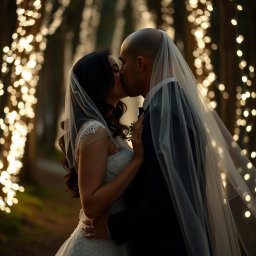 An Italian woman with dark, long wavy hair and captivating blue eyes, dressed in an elegant wedding gown, is kissing a British man with a shaved head, both enveloped in a romantic veil