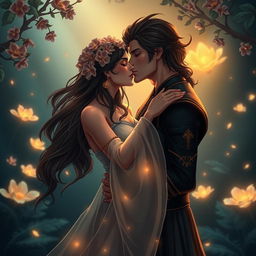 A beautifully stylized romantic scene depicting Persephone and Hades in an intimate embrace within the enchanting realm of the Underworld