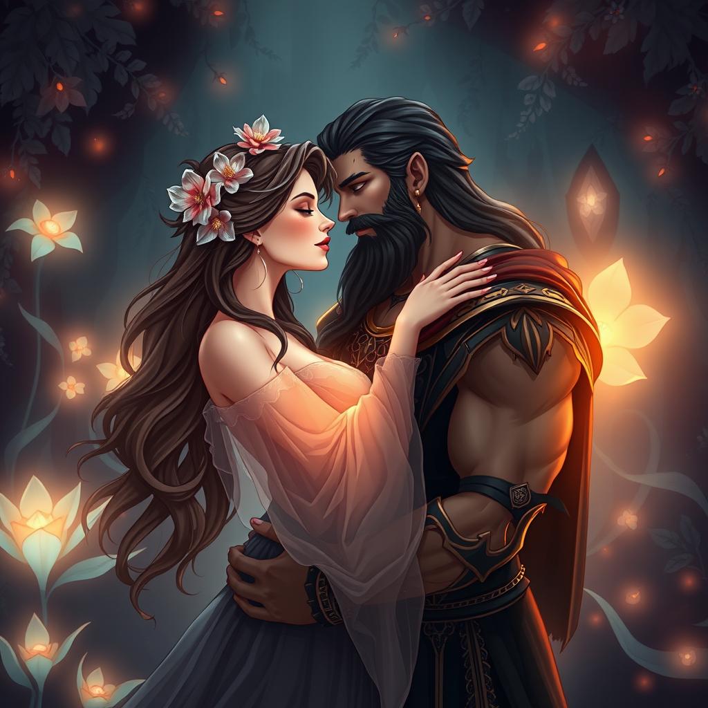 A beautifully stylized romantic scene depicting Persephone and Hades in an intimate embrace within the enchanting realm of the Underworld