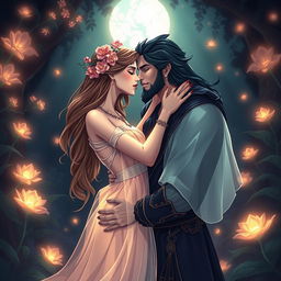 A beautifully stylized romantic scene depicting Persephone and Hades in an intimate embrace within the enchanting realm of the Underworld