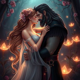 A beautifully stylized romantic scene depicting Persephone and Hades in an intimate embrace within the enchanting realm of the Underworld