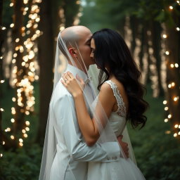 An Italian woman with dark long wavy hair and captivating blue eyes in a flowing white wedding dress, gently kissing a British man with a shaved head under a delicate veil