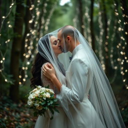 An Italian woman with dark long wavy hair and captivating blue eyes in a flowing white wedding dress, gently kissing a British man with a shaved head under a delicate veil