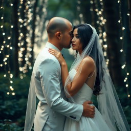 An Italian woman with dark long wavy hair and captivating blue eyes in a flowing white wedding dress, gently kissing a British man with a shaved head under a delicate veil