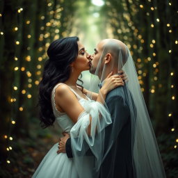 An Italian woman with dark long wavy hair and captivating blue eyes in a flowing white wedding dress, gently kissing a British man with a shaved head under a delicate veil