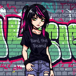 A pixel art representation of an emo girl with striking black hair featuring vibrant pink strands