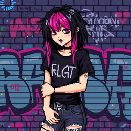A pixel art representation of an emo girl with striking black hair featuring vibrant pink strands