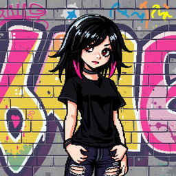 A pixel art representation of an emo girl with striking black hair featuring vibrant pink strands