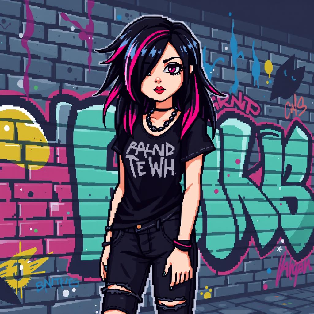 A pixel art representation of an emo girl with striking black hair featuring vibrant pink strands